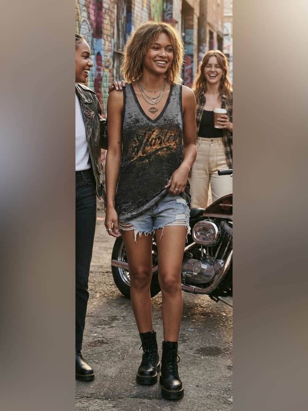 Harley-Davidson Black and Orange Distressed V-Neck Tank